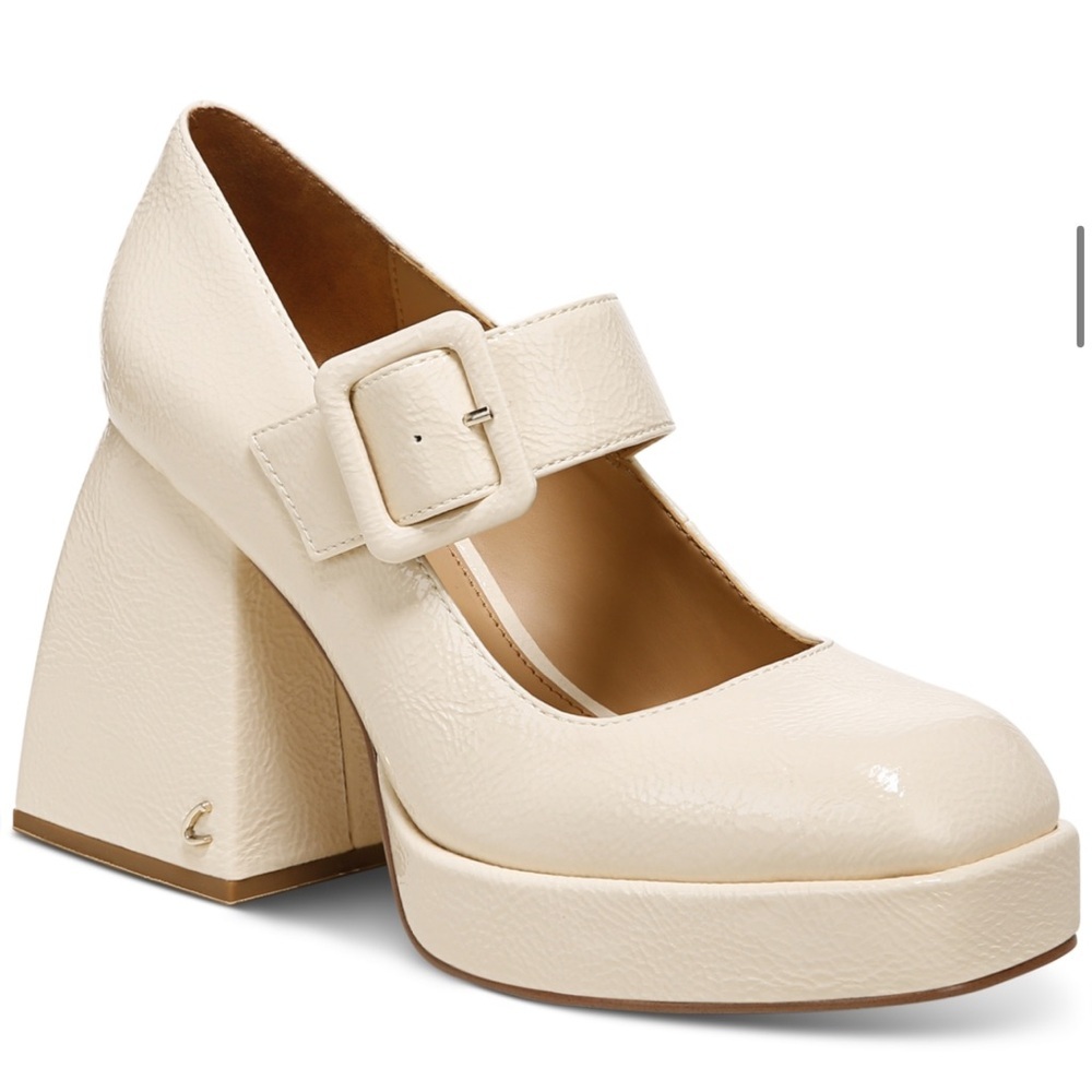 Mary Jane Khiara Shiny Textured Cream Platform Patent Leather Block Heels